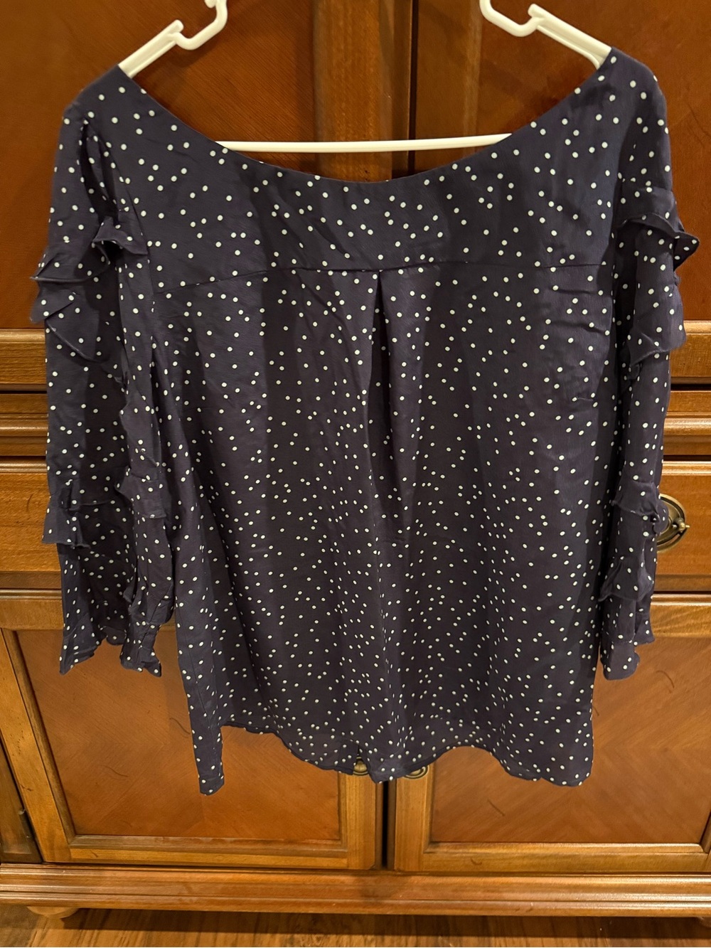 Maeve Navy Polka Dot Ruffle Sleeve Blouse